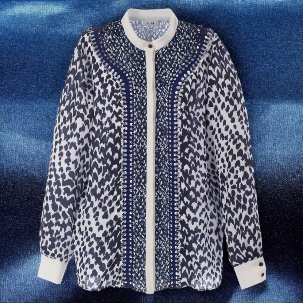 ISSA Elegant Blue and White 100% Silk Eyelet‎ Long Sleeve Blouse Women’s Size 6